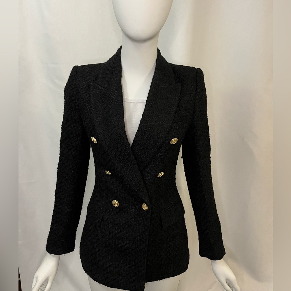 ZARA Black Tweed Double-Breasted Blazer With Gold Hardware Buttons – Size XS